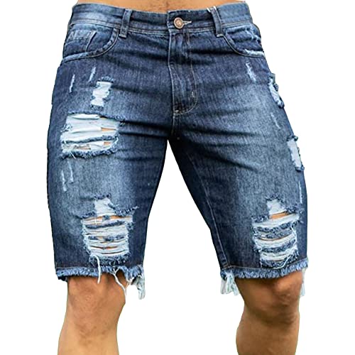 Men's Stretch Fit Regular Jean Shorts Raw Hem Destroyed Denim